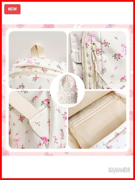 Cute Floral Bow Backpack Aesthetic Preppy Backpack for Women Lightweight Casual